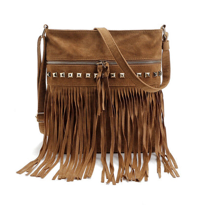 Women Cross Body Shoulder Bag Suede Fabric Rivet Tassel Bag Outdoor Travel