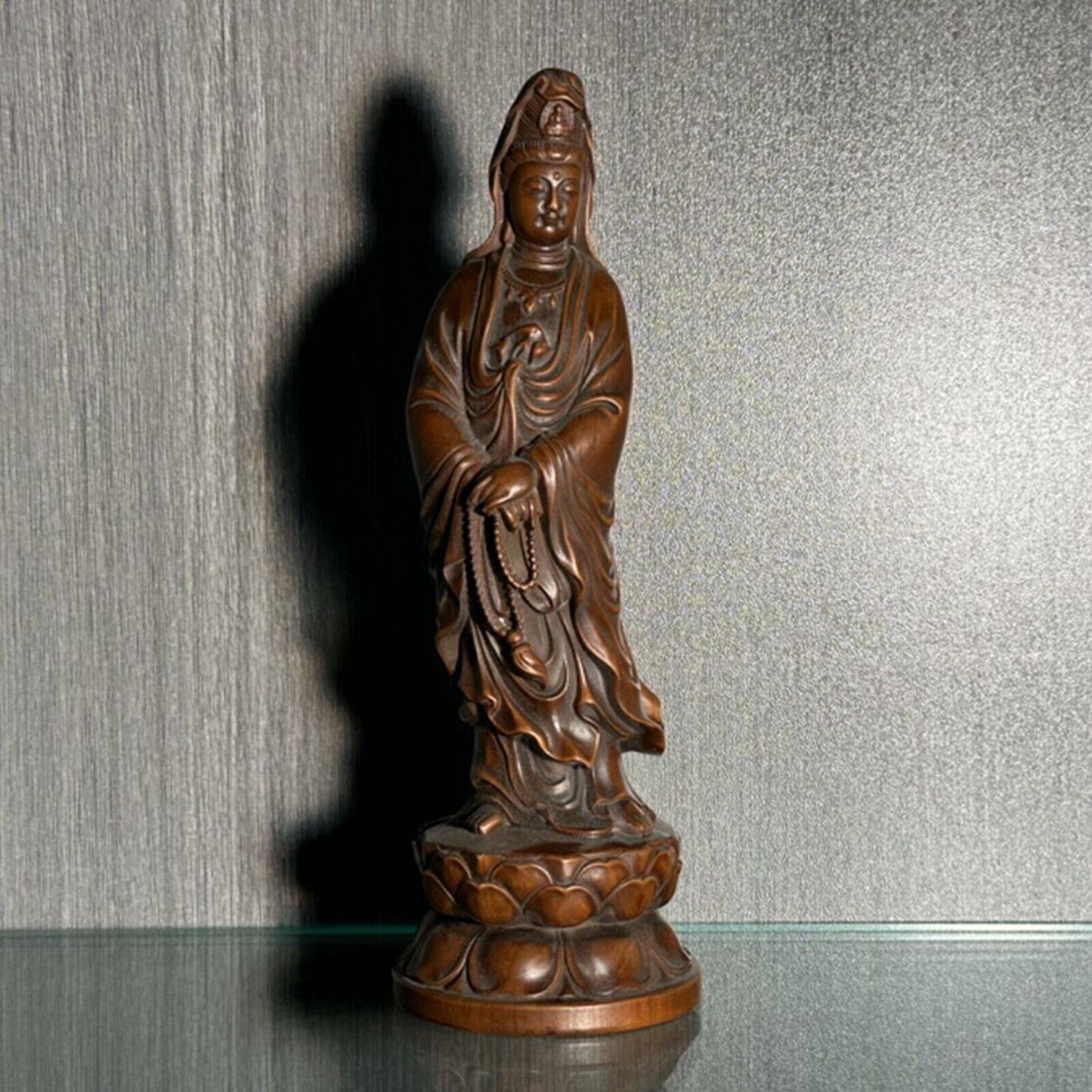 Chinese Old Boxwood Carved Rosary Guanyin Statues Wooden Home Decor Figurines