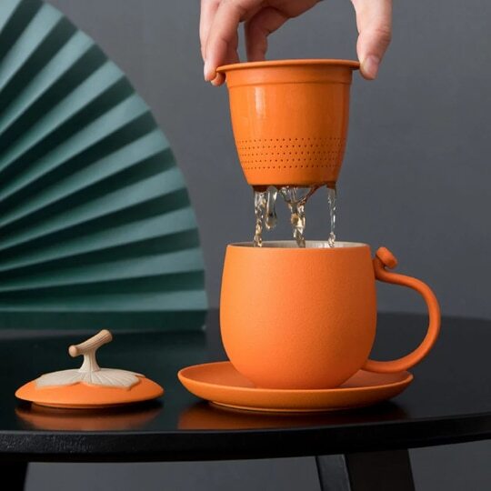 Ceramic Persimmon Mug Orange Tea Cup With Saucer And Infuser Office Tea Cup Mugs