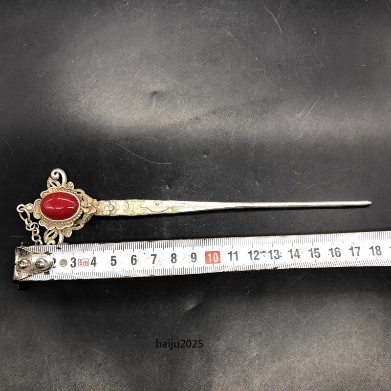 Red Jade Inlaid Old Tibetan Silver Hairpin,Chinese Old Craft Made