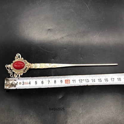Red Jade Inlaid Old Tibetan Silver Hairpin,Chinese Old Craft Made