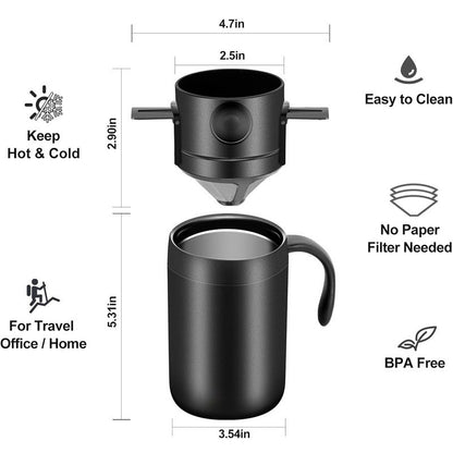 Portable Insulated Coffee Mug with Drip Filter - Stainless Steel Hand Brew Kit