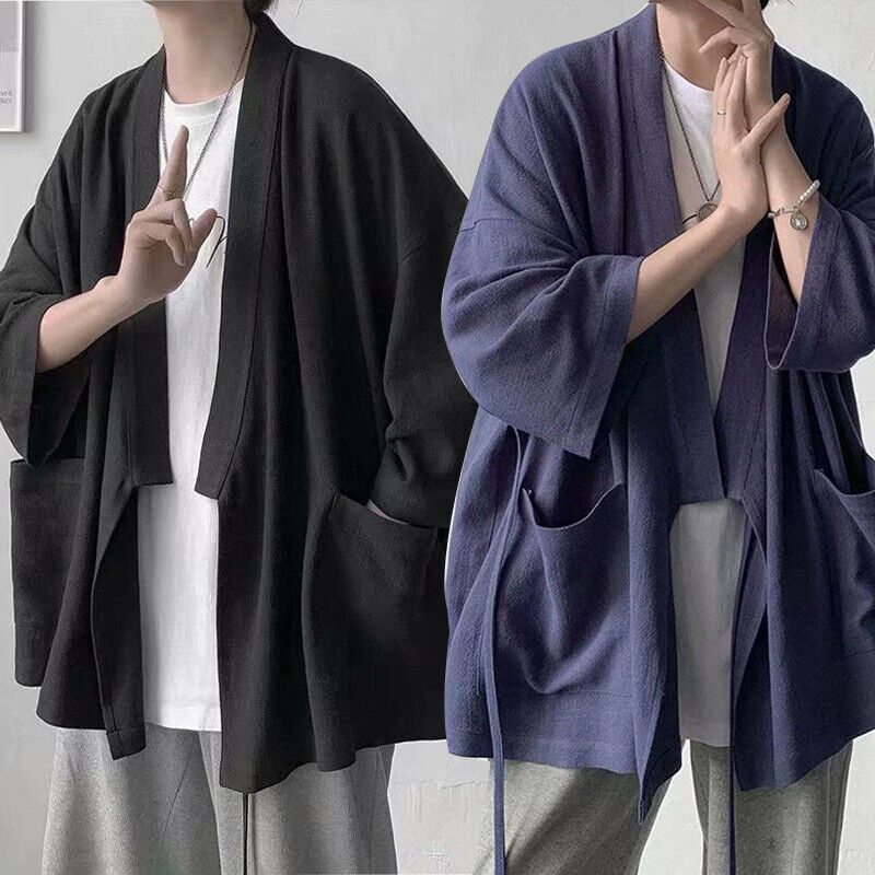 Men Japanese Kimono Coat Loose Cape Cloak Top Baggy Oversize Jacket Robe Outwear