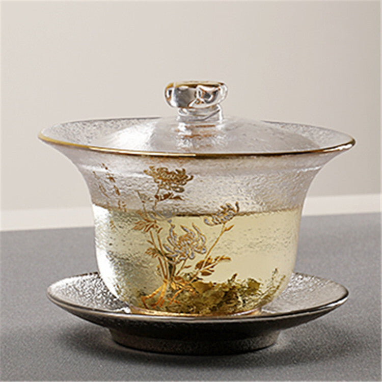 200ml Clear Gaiwan Glass Tureen Floral Relief Teacup Covered Bowl Cup Saucer Mat