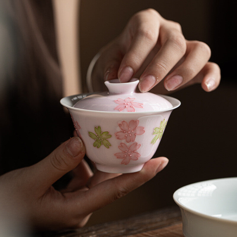 Gaiwan For Lady Floral Relief Under Glaze Porcelain Tureen With Lid Ceramic New