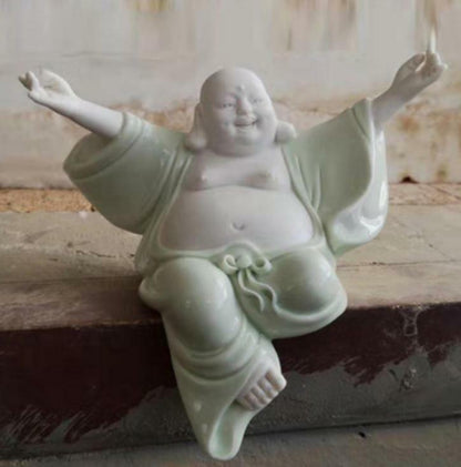 6" Chinese Dehua White Porcelain Pottery Happy Buddha Buddhism Figurine Statue