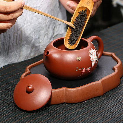 260ml Chinese Purple Clay Xishi Teapot Handmade Pattern Kung Fu Tea Set Decor