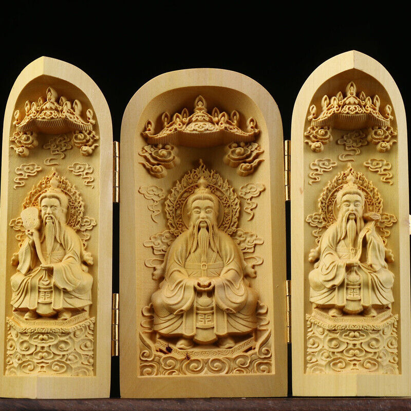 Buddha Statue Carved Wooden Sculpture Decor Three Open Box Home Ornaments NEW