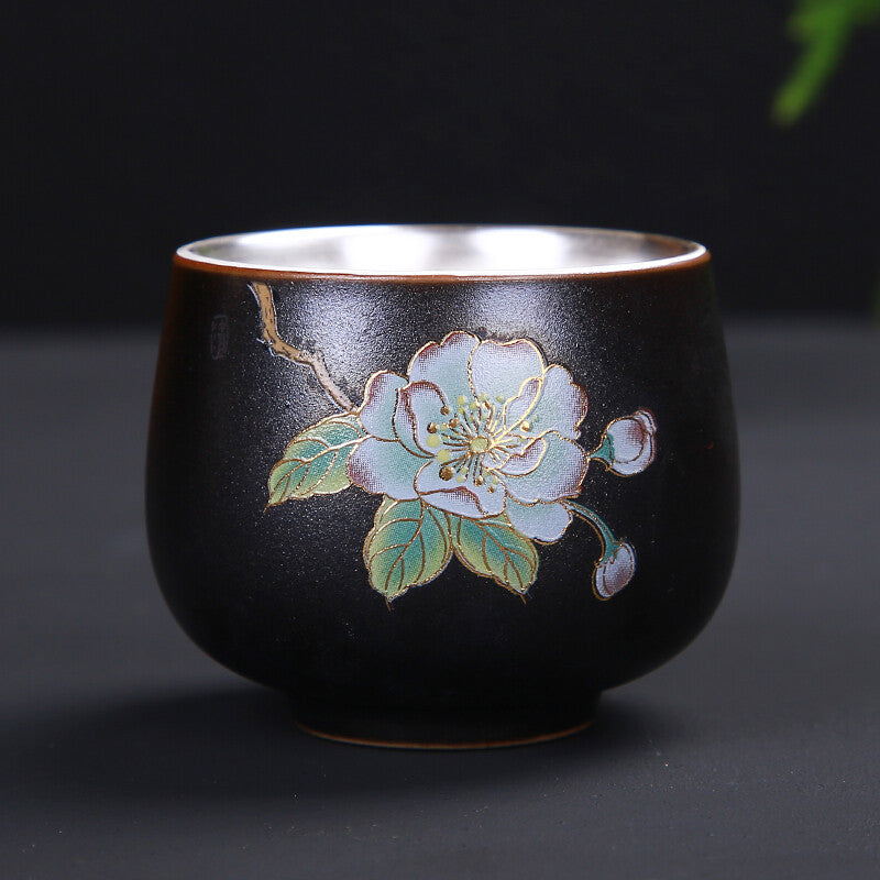 70ml Porcelain Glaze Silver Tea Cup Floral Painted Glaze Under Cups Tea Set