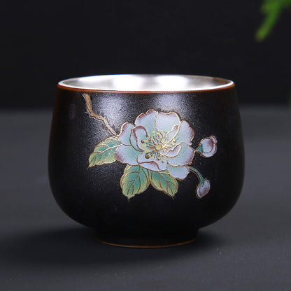 70ml Porcelain Glaze Silver Tea Cup Floral Painted Glaze Under Cups Tea Set