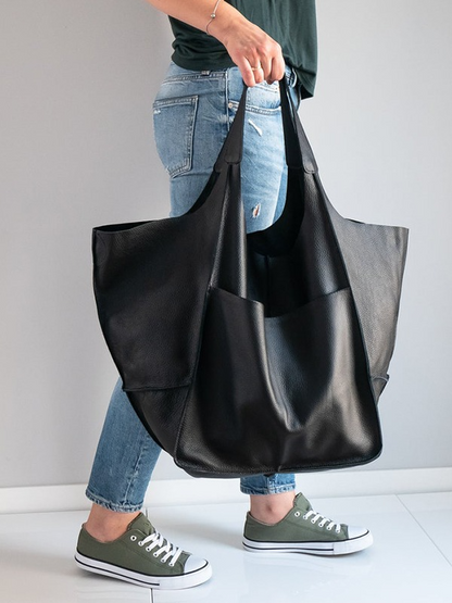 Women Large Capacity Soft Leather Casual Tote Shoulder Bag Retro Shopper Handbag