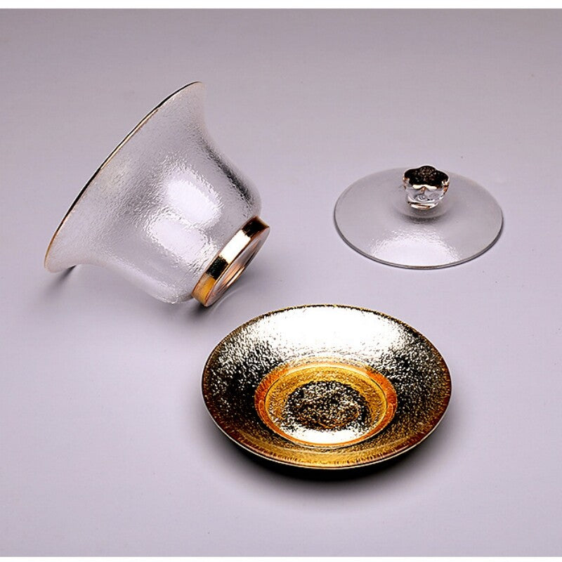 200ml Clear Gaiwan Glass Tureen Floral Relief Teacup Covered Bowl Cup Saucer Mat