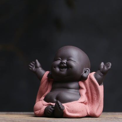Chinese Buddha Happy Monk Yixing Zisha Tea Pet Ornament Handmade Desk Decoration