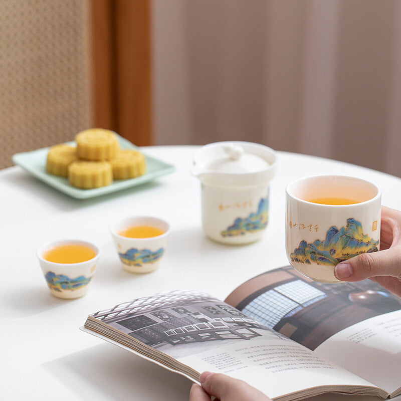 Porcelain Tea Set Pot With Infuser Holes Matching Tea Cup Portable Bag 6pcs/lot