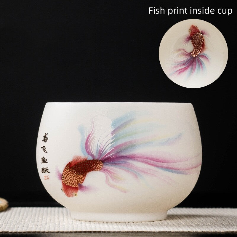 handmade tea cup fat mutton jade porcelain master cup fish print creative teacup