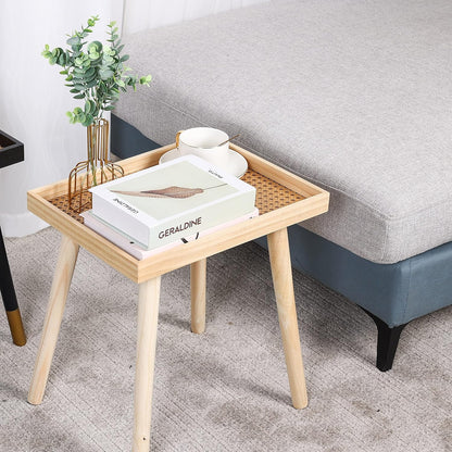 Wooden Rattan Side Table Boho Small Sofa Desk for Living Room Bedroom Home Decor