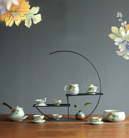 Health Care Pure Silver Inside Tea Cup Porcelain Ruyao Floral Design Tea Saucer