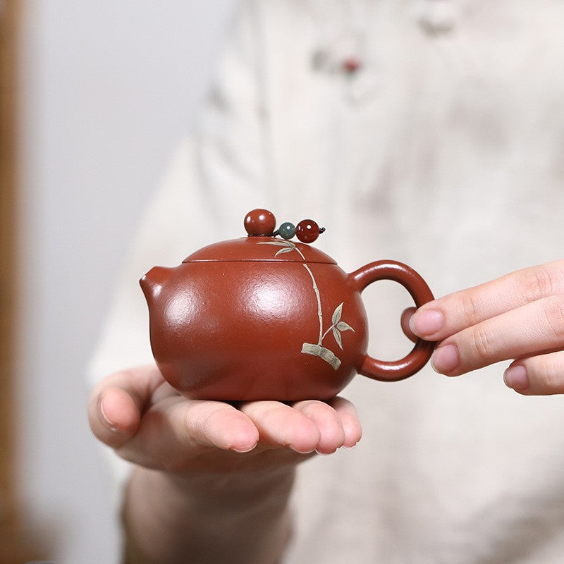 Yixing Zisha Teapot Original Zhuni Clay Xishi Pot Fully Handmade Bamboo Print