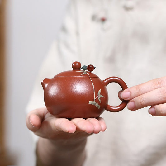 Yixing Zisha Teapot Original Zhuni Clay Xishi Pot Fully Handmade Bamboo Print