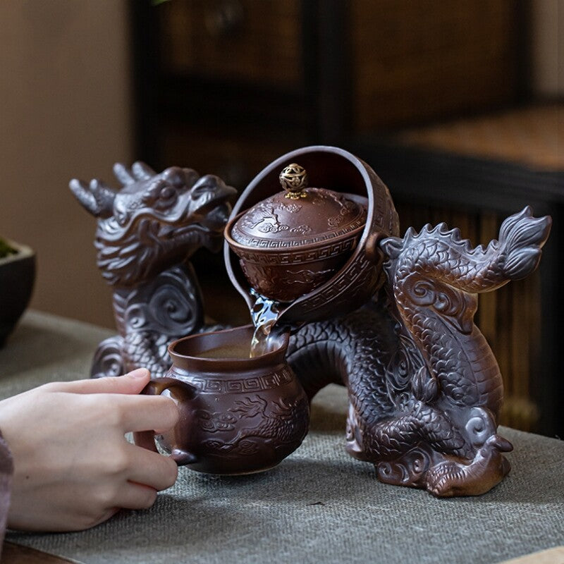 Half Automatic Tea Set Ceramic Dragon Design Gaiwan Matching Pitcher Tea Cups