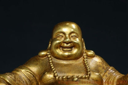 8.8"Old China Xuande Marked Bronze Gilt Happy Laugh Maitreya Buddha Statue