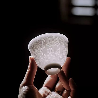 Chinese Tea Cup For Lady Porcelain Kungfu Cup Handmade Floral Relief Boutique