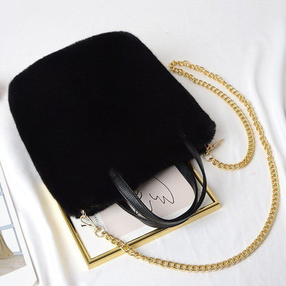 Fluffy Tote Bag Sling Chains Shoulder Strap Crossbody Faux Fur Bucket Handbag