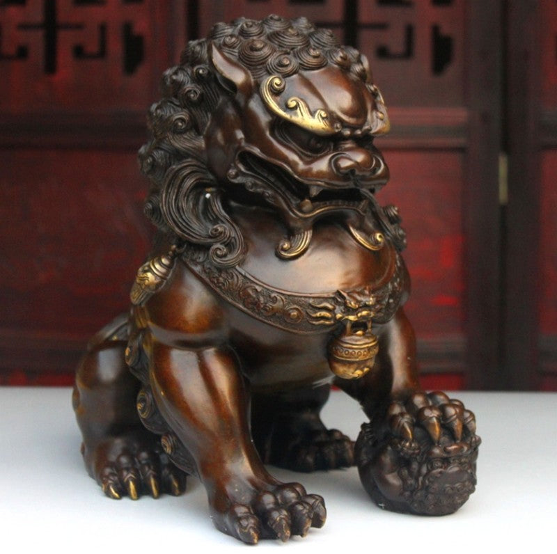 Pair Brass Lion Statue Chinese Classical Guardian Door Fu Foo Feng Shui Decor
