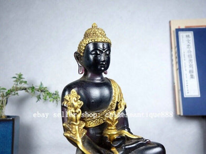 5" Old Purple Colored Glaze Gilt Menla Medicine Shakyamuni Buddha Lotus Statue