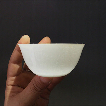 3.2" Chinese Thin White Porcelain Ming Chenghua Carved Phoenix Design Teacup Cup
