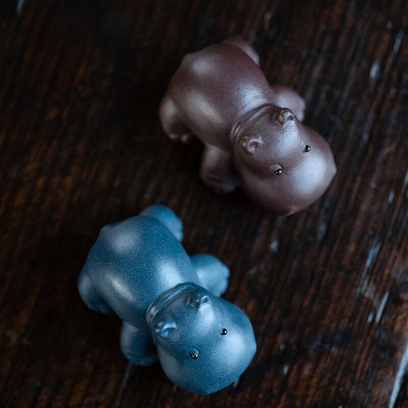 1pc 2.13" Chinese Yixing Purple Clay Figurine Tea Pet Ornaments Hippo Handmade