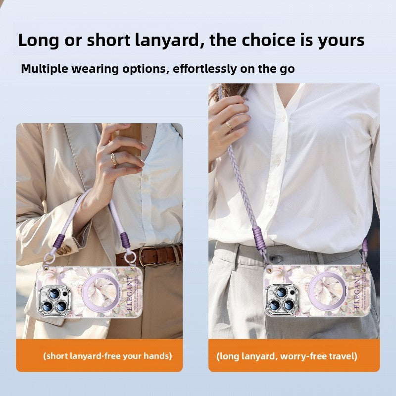 For iPhone 16 Pro/15/14/13 Flower Phone Case with Lanyard/Stand/Crossbody Strap