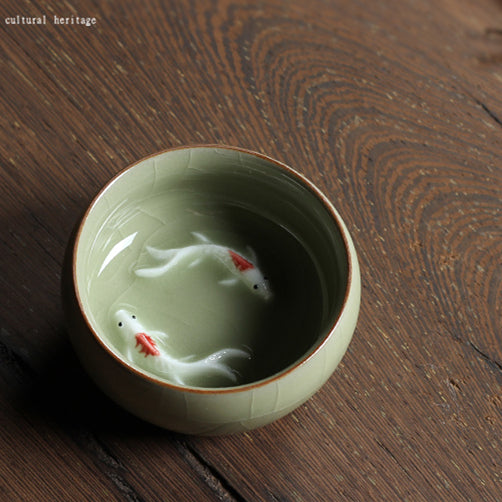 Longquan Porcelain Tea Cup Double Fish Set Marked Cup 55ml Longquan Celadon Cup