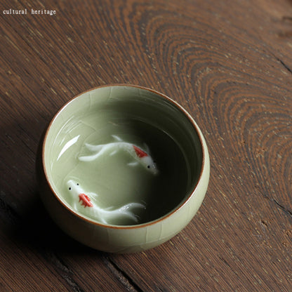 Longquan Porcelain Tea Cup Double Fish Set Marked Cup 55ml Longquan Celadon Cup