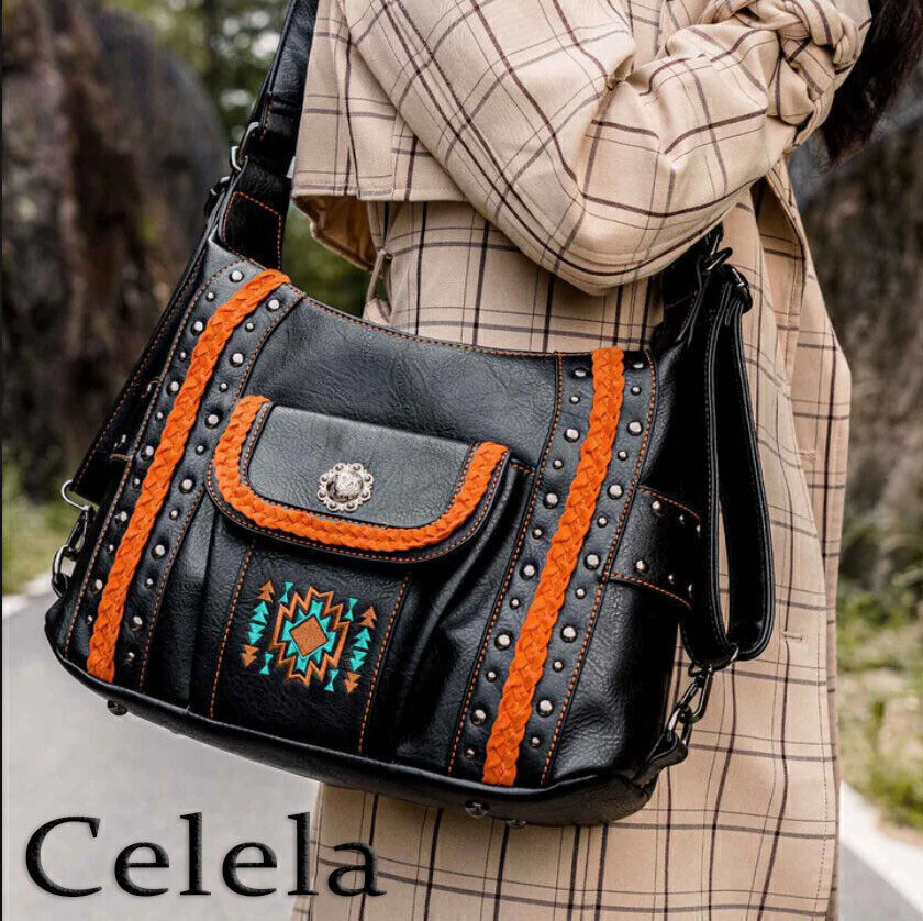 Celela Concealed Carry Embroidered Concho Studs Women Hobo Shoulder Bags Handbag