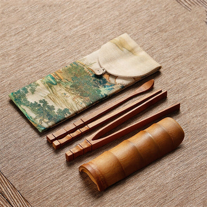 Cotton Linen Storage Bag Set Kung Fu Tea Set Bag Bamboo Tea Clip Accessories
