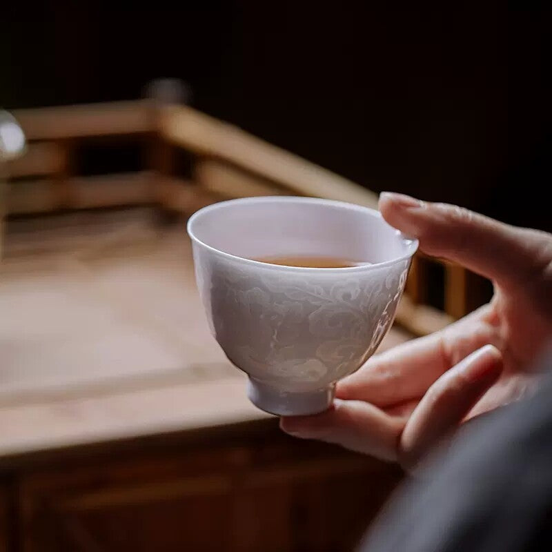 Chinese Tea Cup For Lady Porcelain Kungfu Cup Handmade Floral Relief Boutique