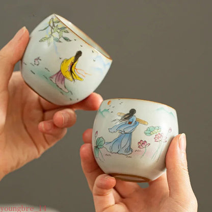 Ru Kiln Ceramic Teacup Lotus Pattern Coffee Cup Portable Handmade Tea Set