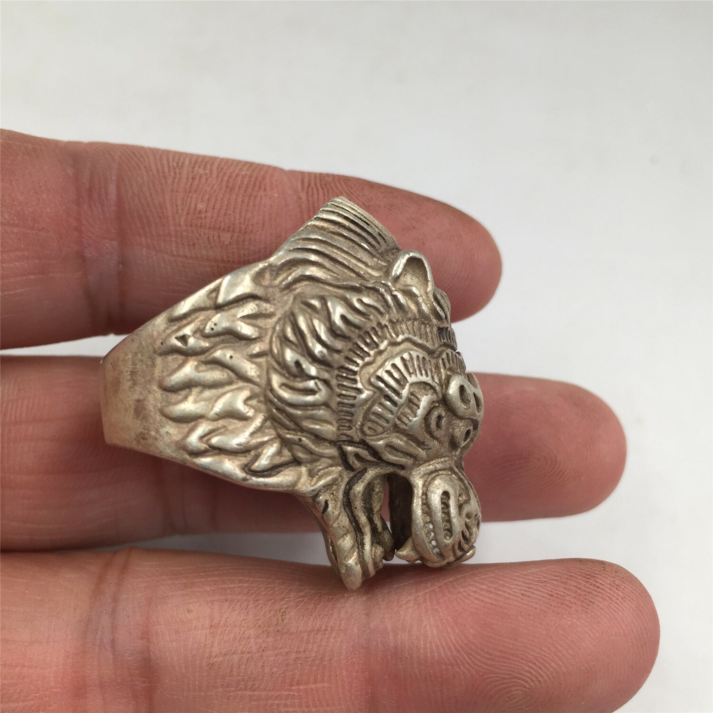 China old antique Tibetan silver handmade Luck Tiger 19mm ring