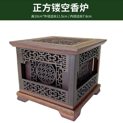Red Rosewood Incense Burner Hexagonal Hollow Double Layer Wood Censer 10×13.5cm