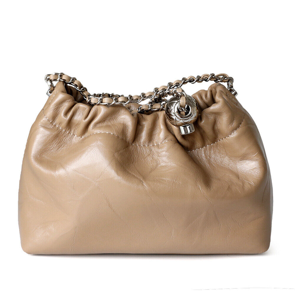 Small Mini Ruched Real Leather Clutch Pouch Purse Shoulder Bag w/ Chain Fashion