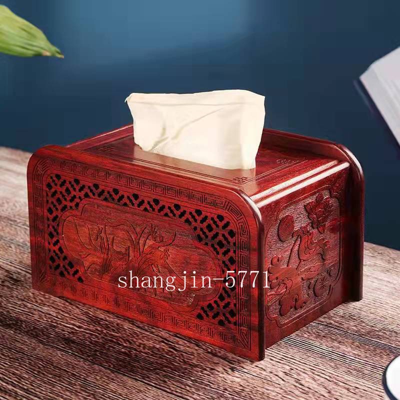 Natural Rosewood Carved Tissue Paper Box Case Holder Flower Table Home Decor
