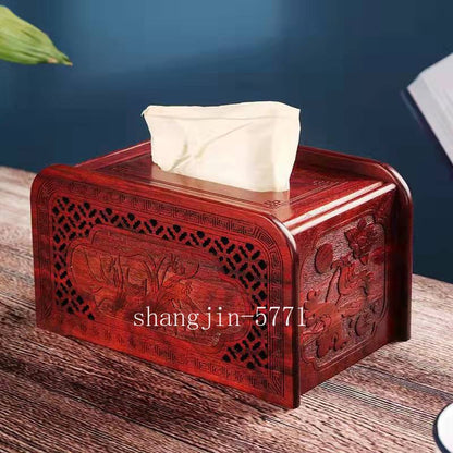 Natural Rosewood Carved Tissue Paper Box Case Holder Flower Table Home Decor