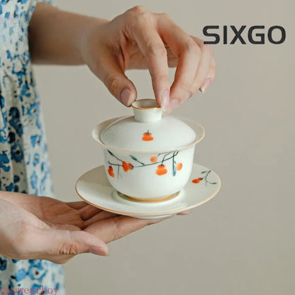 120ml Hand Painted Persimmon Gaiwan Chinese Ceramic Cover Bowl Handmade Tea Bowl