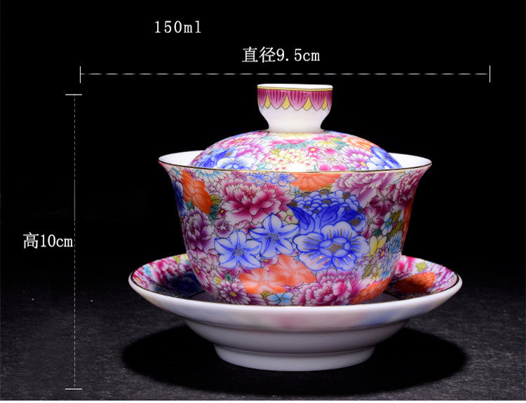 150ml Jingdezhen Porcelain Gaiwan Flowers Blossom Color Crafts Cup Bowl Tea Set