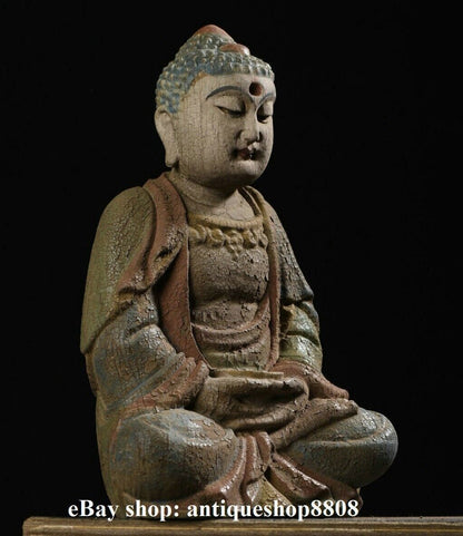 9" Old Tibet Buddhism Wood Carved Shakyamuni Amitabha Buddha Sakyamuni Statue