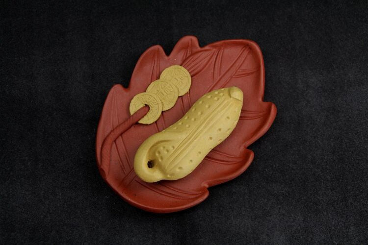 Handmade Tea Pet Wealth Bring Good Luck Peanut Coin Carved Leaf Design On Sales