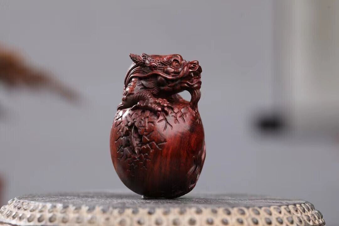Natural Indian Lobular Red Sandalwood Wood Hand Carved Dragon Egg Statue