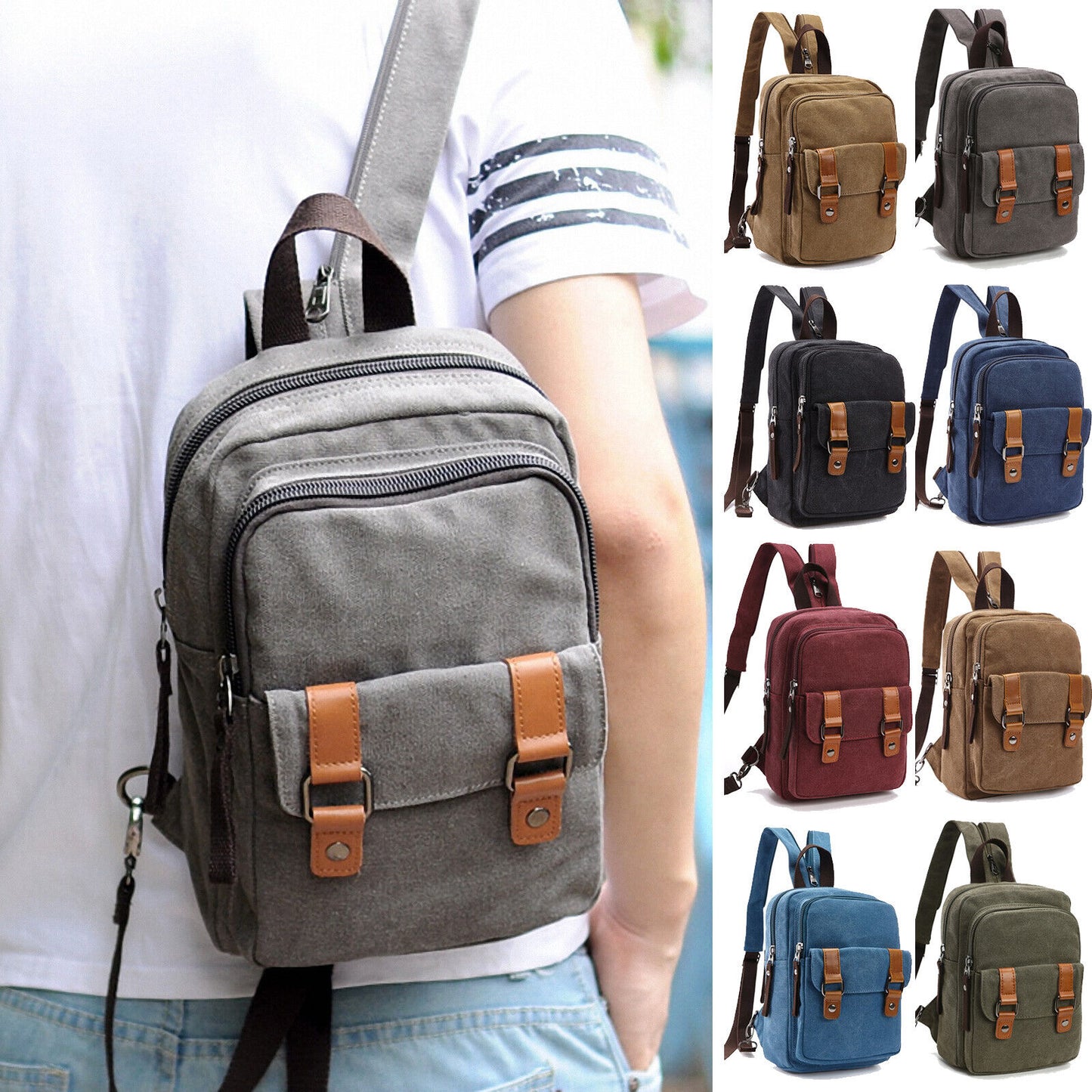 Men's Canvas Convertible Small Mini Backpack Rucksack Chest Pack Sling Bag