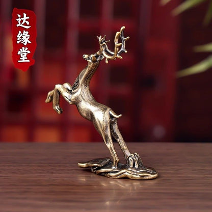 Brass Sika Deer Figurine Mini Copper Desktop Ornament